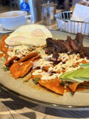 Chilaquiles Rojo with grilled steak