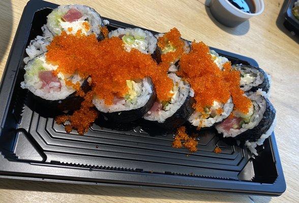 Tuna roll with cream cheese, avocado, cucumber and masago