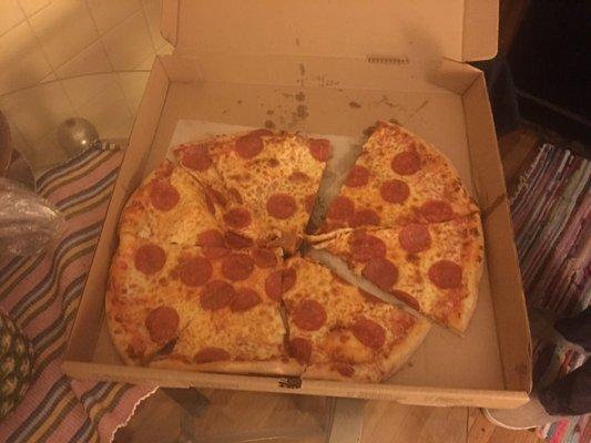 Normally I love the pizza from Mirano but not when it shows up slid to one side of the box.