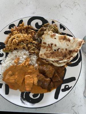 Goat Curry with Bone, Chicken Curry, Garlic Naan, Veggie Biryani