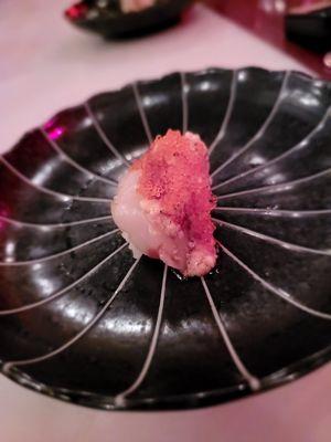 13th Course- Baby Marilyn- Hokkaido Scallop/Hotate/帆立貝, tobiko caviar, and eel sauce. Signature dish. Outstanding