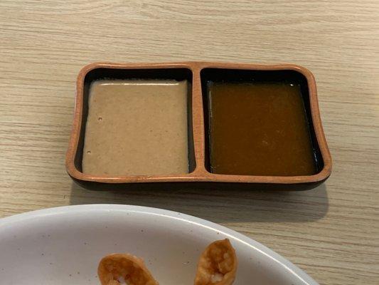 Sauce that comes with hibachi chicken plate (peanut sauce and I'm not sure what the other one is)