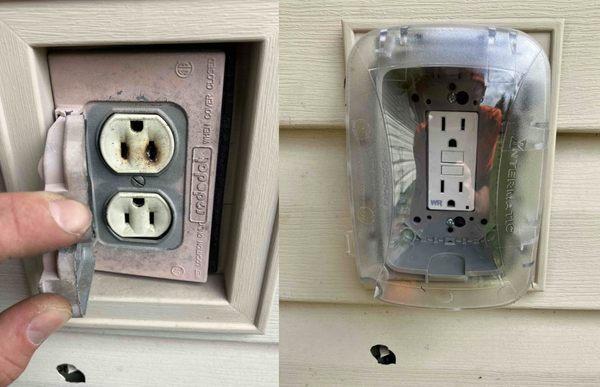 Before and after photo of an outdoor outlet.