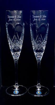 Waterford crystal champagne flutes engraved by Michelle Torres owner of Crystal Empress