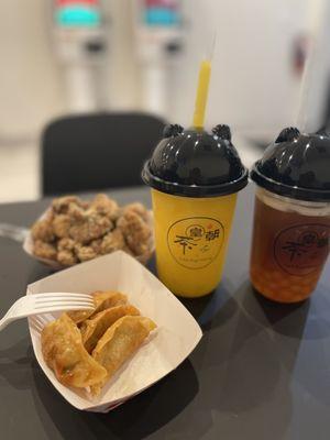 Popcorn Chicken My favorite. Peach slush and Lychee oolong tea w/Peach boba