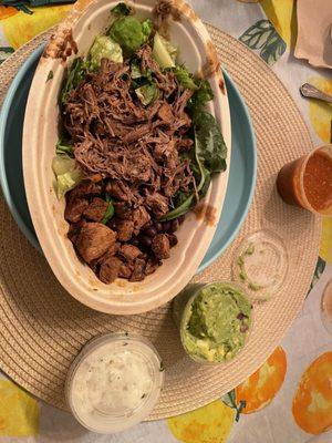 Togo "salad" - wish they had more lettuce, or at least an option to add extra . The 1/2 barbacoa and 1/2 steak was pretty yummy tonight !