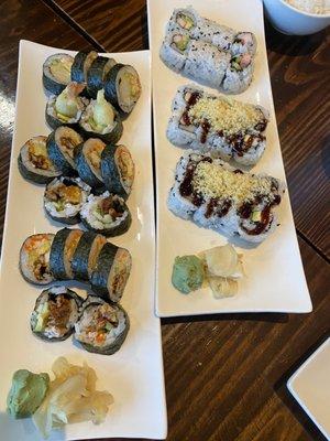 6. Spider Roll 5. Shaggy Dog Roll  (No imitation crab meat on top with spicy mayo like most places).  3. Crunchy Roll 1. California Roll