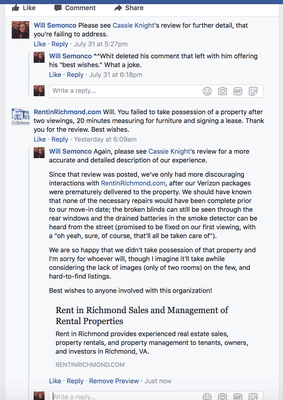 We've noticed that RentinRichmond has removed all reviews from their Facebook, after we left this comment. Expect beyond poor service.