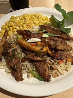 Bourbon Chicken over Rice with a Side of Corn