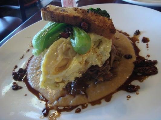 braised duck, chestnut omelet and toast, cauliflower cream, goji berry sauce