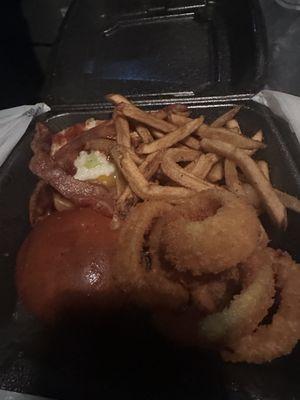 Carolina Burger Meal with half and half (fries and onion rings).