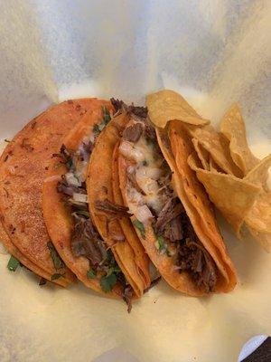 Beef Queso Birriria Tacos. Delish! Comes w so many fixings too. Sauces,chips lemons etc