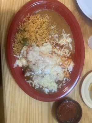 Enchilada, burrito rice and beans