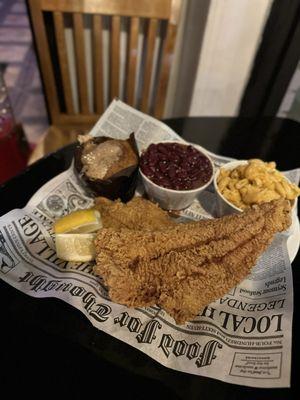 Catfish, red beans and rice, Mac n cheese and sweet potato cornbread muffin.