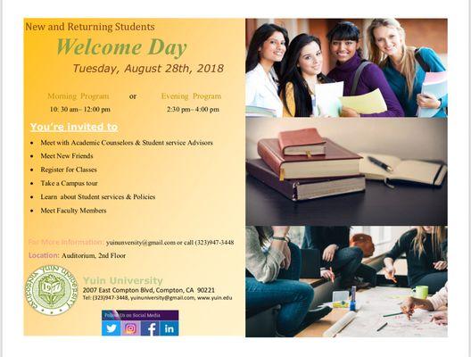 Welcome Day at Yuin University
Tuesday, August 28th, 2018 
10:30 a.m. OR 2:30 p.m. 
Call : 323.947.3448