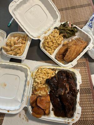 Garlic parm fries, catfish with mac and collard greens and bbq jerk chicken with candied yams and mac.