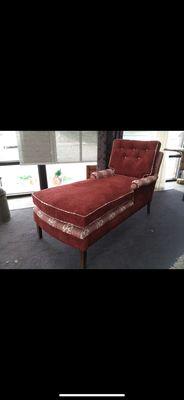 Chaise that was reupholstered with two different fabrics, a chenille, and a small print.