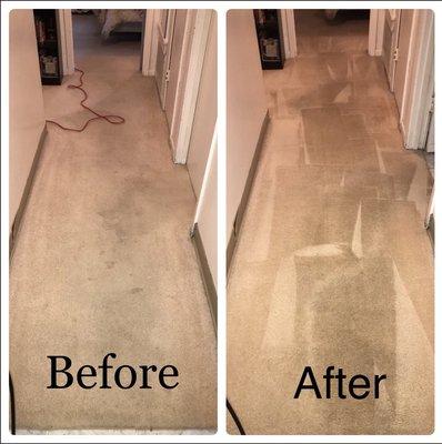 Before and after cleaning of a hallway