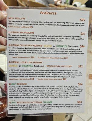 Pedicure menu