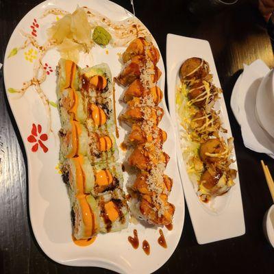 Delmar roll, special harvest roll (tempura sweet potato and pumpkin), takoyaki