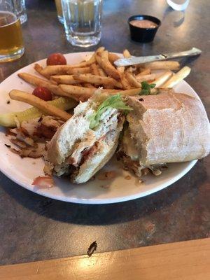 Turkey ciabatta sandwich with fries. $12