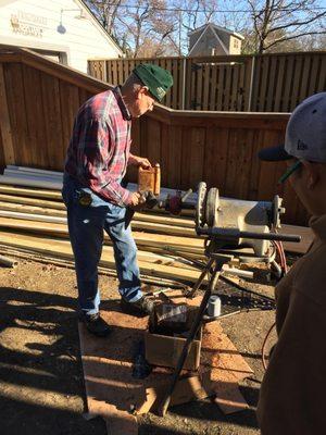 Our founder Tim Speck is a master at cutting and threading gas pipe.