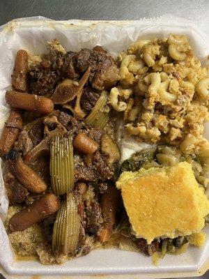 Oxtails, jerk dressing, mac&cheese, collards, and cornbread