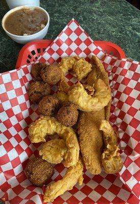 Shrimp and fish basket with red beans and rice