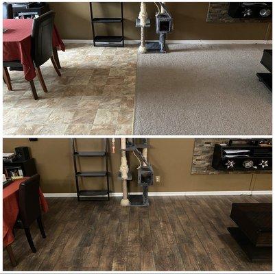 Before and after - carpet versus the final product, wood laminate