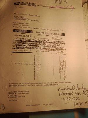 This is the United States postal money order that my mom sent to me that  Scott hostel without my permission signed my name on the back,