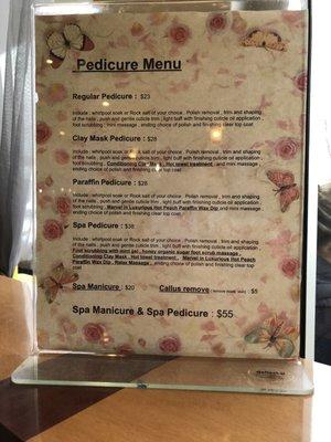 Pedicure menu