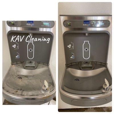 Water fountain in warehouse before and after.