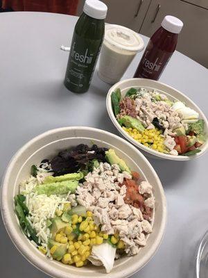 Cobb Salad w/ Chicken, Chicken Fiesta and a Banana Smoothie.