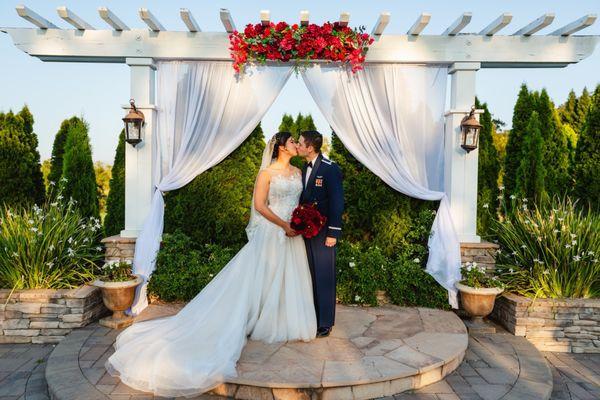 Dress with long train and veil