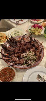 Lamb chops onions and beef kebab..