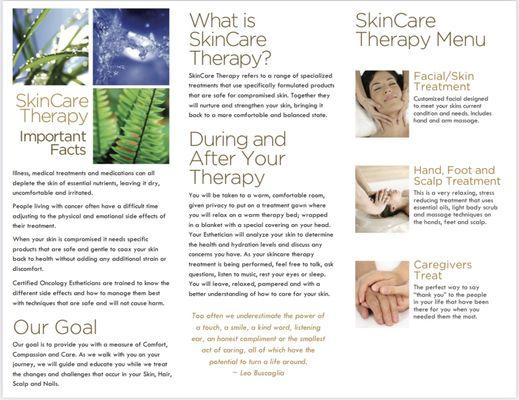 Front of my pamphlet with information and skin care menu for clients going thru cancer treatment.