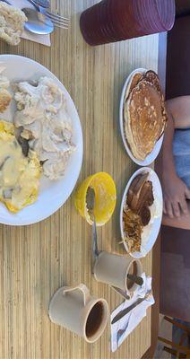 from scratch buttermilk pancakes (The pancakes are the size of the plate!) w/ toast, sausage, hash browns.