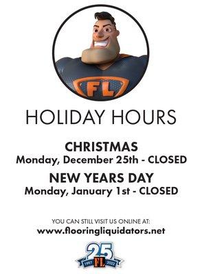 Flooring Liquidators will be closed on Christmas Day (12/25/2023) and New Year's Day (01/01/2024). Happy holidays!