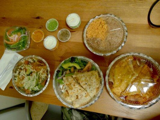 Left to right: Small Salad, Small Veggie Nachos, Chicken Quesadilla, Rice and Beans, and Chicken Enchiladas pancho red sauce.