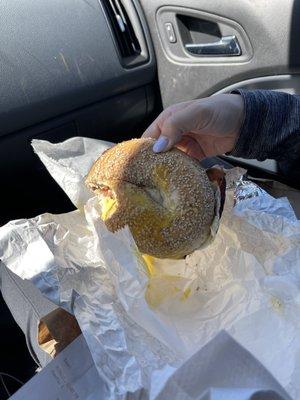 This bagel is as advertised but an extremely undercooked runny egg and forgetting to cut the bagel in half says it all.