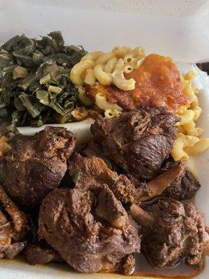 Stew chicken, Mac and cheese and collard greens