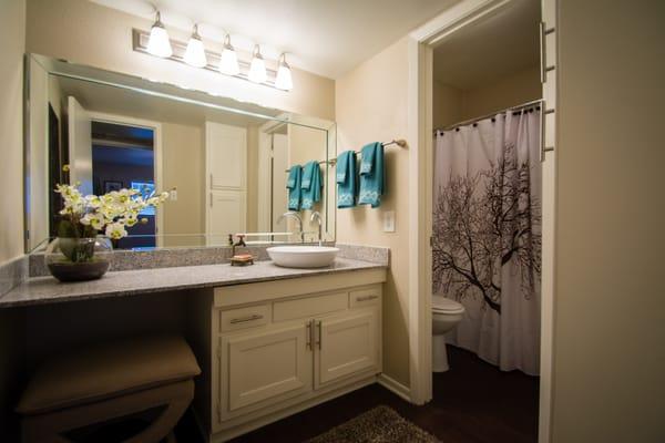 Bathroom has separate vanity area