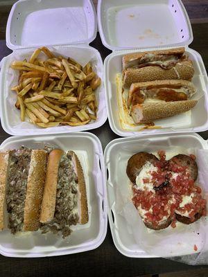 Fries, eggplant stack, cheesesteak, sweet & sexy chicken cutlet sandwich.