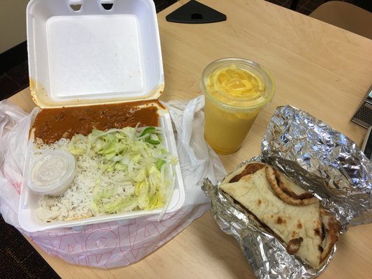 Butter chicken with rice, mango lassi and naan bread...all for $10.