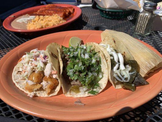 Fish Taco, El Al Pastor Taco, Rajas Taco,  Cheese with Rajas Tamale!