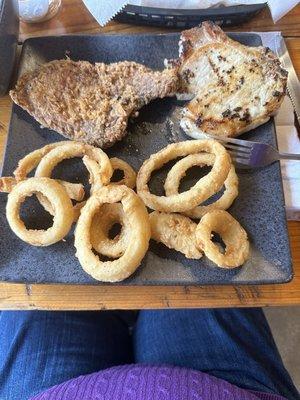 Grilled pork chop & a fried pork chop. Ordered a side salad and fried onion rings as side.