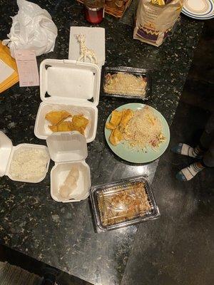 Take out , 6 Pieces Fried Crab Rangoon, 4 Pieces Steamed Shrimp Dumplings, Cashew Chicken, and Singapore Rice Noodle