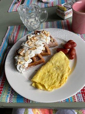 This was my breakfast one morning. The owner added pecan slices because I told her I was allergic to peaches.