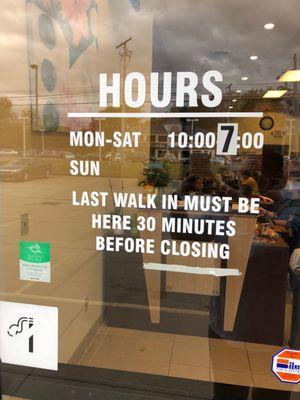 Hours.  Sunday is 12:00pm- 6:00pm