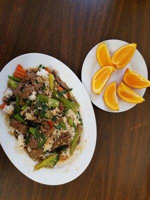 Mongolian beef and fresh fruit for dessert!